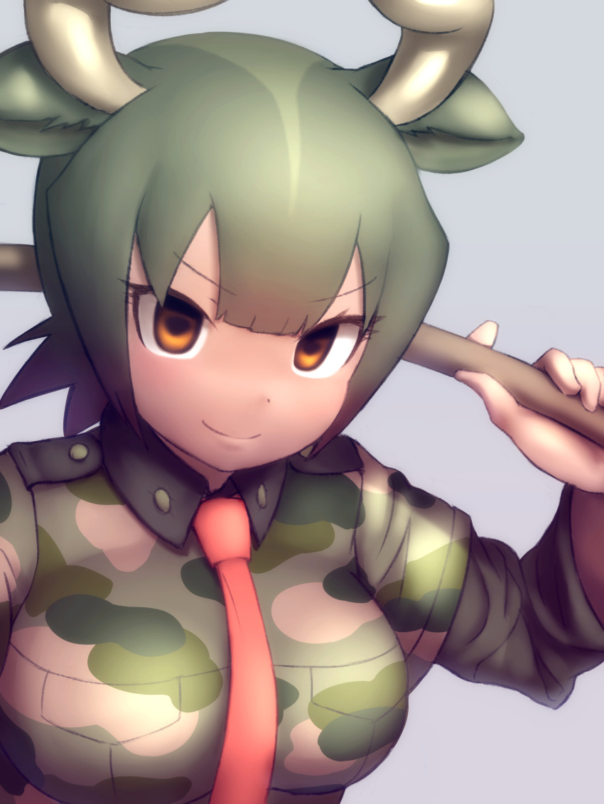 &gt;:) 1girl absurdres animal_ears aurochs_(kemono_friends) bangs breast_pocket brown_eyes brown_hair camouflage camouflage_shirt closed_mouth collared_shirt commentary_request cow_ears cow_horns dark_skin empty_eyes eyebrows_visible_through_hair green_hair hand_up highres holding holding_weapon horizontal_pupils horns kemono_friends long_sleeves looking_at_viewer medium_hair multicolored_hair necktie okome_kogashi parted_bangs pocket red_neckwear shirt short_over_long_sleeves short_sleeves solo v-shaped_eyebrows weapon wing_collar