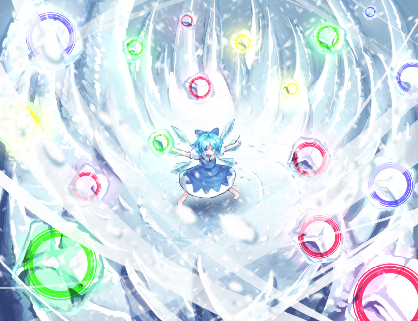 1girl bare_arms barefoot blue_dress blue_hair blue_ribbon child cirno collar collared_shirt cravat danmaku dress eyebrows eyebrows_visible_through_hair fairy_wings frilled_sleeves frills full_body hair_ribbon ice ice_wings looking_at_viewer open_eyes open_mouth outdoors outstretched_arms puffy_short_sleeves puffy_sleeves ribbon shaded_face shadow shirt short_hair short_sleeves smile snow spell_card standing sunyup touhou wind wings