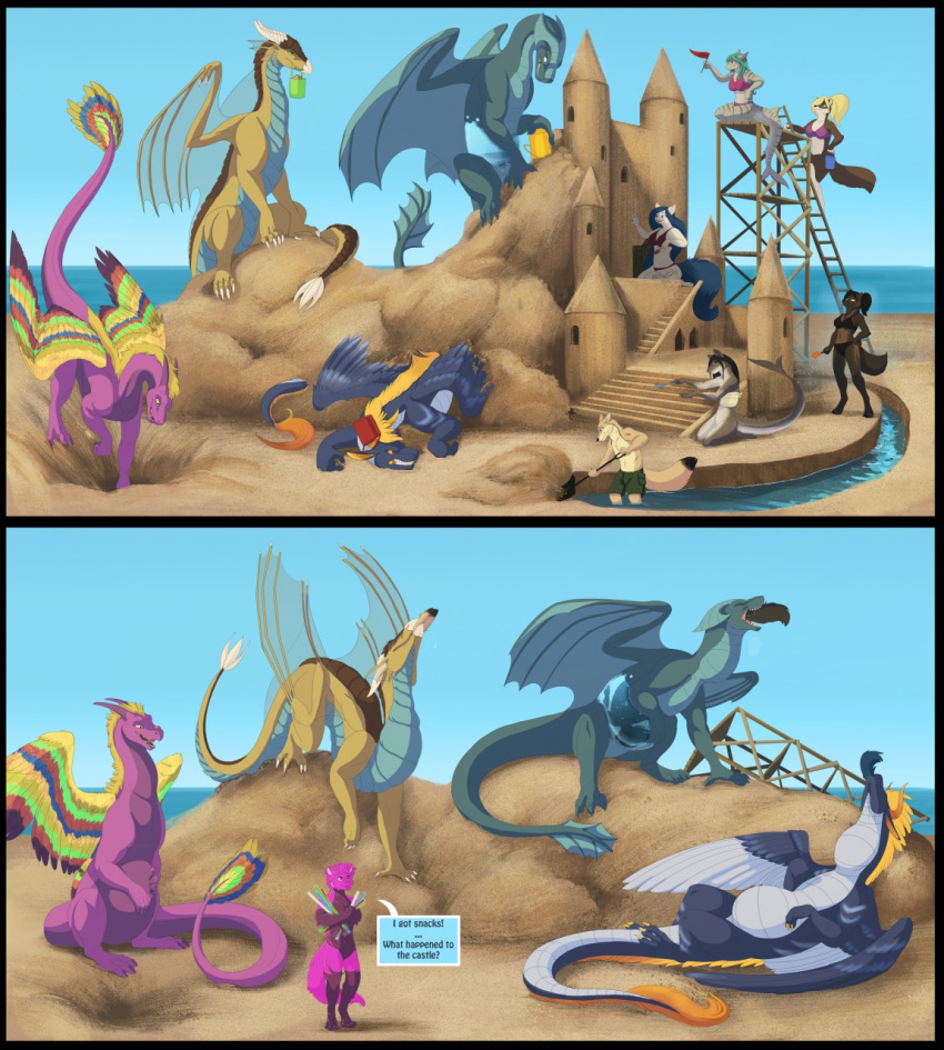 abdominal_bulge beach better_version_at_source bucket canid canine canis coyote dialogue digging dragon feathers felid feline fish food hi_res ladder mammal marine moat neck_bulge oral_vore reptile sand sand_castle scalie sculpture sea seaside shark shovel size_difference soft_vore tools vore vorelord water western_dragon wings