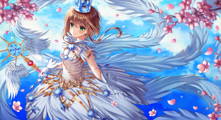 1girl bangs blue_sky blurry blurry_background blurry_foreground breasts brown_hair cardcaptor_sakura closed_mouth crown dress ecu8080 eyebrows_visible_through_hair feathered_wings flower gloves green_eyes hair_between_eyes highres holding holding_staff kinomoto_sakura medium_breasts multiple_wings petals pink_flower shiny shiny_hair short_hair_with_long_locks sidelocks sky sleeveless sleeveless_dress smile solo staff standing white_dress white_gloves white_wings wings