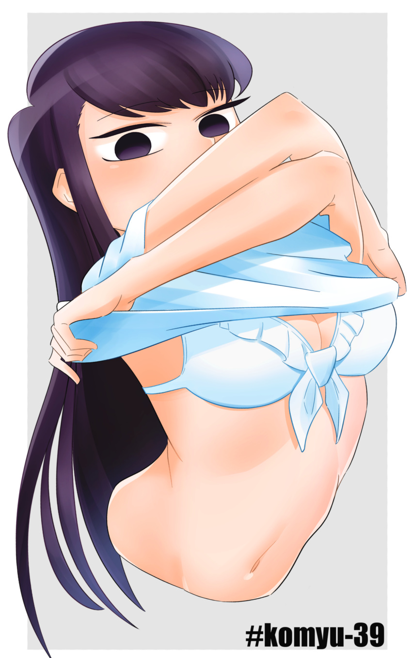 1girl absurdres arched_back arms_up bangs bikini bikini_under_clothes breasts cleavage commentary_request covered_mouth cropped_torso degraded_ice eyebrows_visible_through_hair front-tie_bikini front-tie_top highres hip_focus komi-san_wa_komyushou_desu komi_shouko lavender_background long_hair looking_at_viewer navel outside_border purple_eyes purple_hair ribs simple_background sketch_eyebrows solo swimsuit undressing