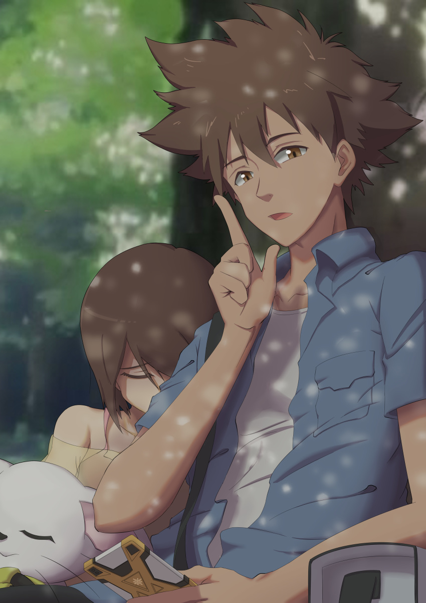 1boy absurdres brother_and_sister brown_eyes brown_hair closed_eyes commentary_request digimon digimon_adventure digimon_adventure_tri. highres looking_at_viewer open_mouth short_hair siblings sleeping tailmon tree yagami_hikari yagami_taichi