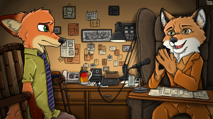 anthro canid canine clothed clothing cup digital_media_(artwork) disney fantastic_mr._fox fingers fox fully_clothed fur furniture looking_at_viewer male mammal microphone mr._fox muzzle_(disambiguation) necktie nick_wilde orange_body orange_fur paper pawpads paws plans smile suit ziegelzeig zootopia