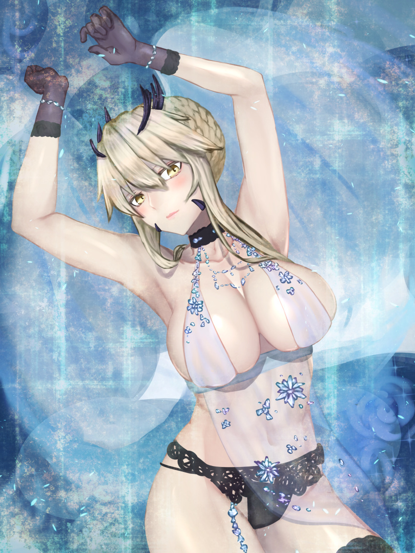 1girl absurdres aito artoria_pendragon_(all) artoria_pendragon_(lancer_alter) bare_shoulders blonde_hair blush braid breasts cleavage closed_mouth fate/grand_order fate_(series) gloves hair_between_eyes highres horns large_breasts long_hair looking_at_viewer navel panties royal_icing solo thighhighs underwear yellow_eyes