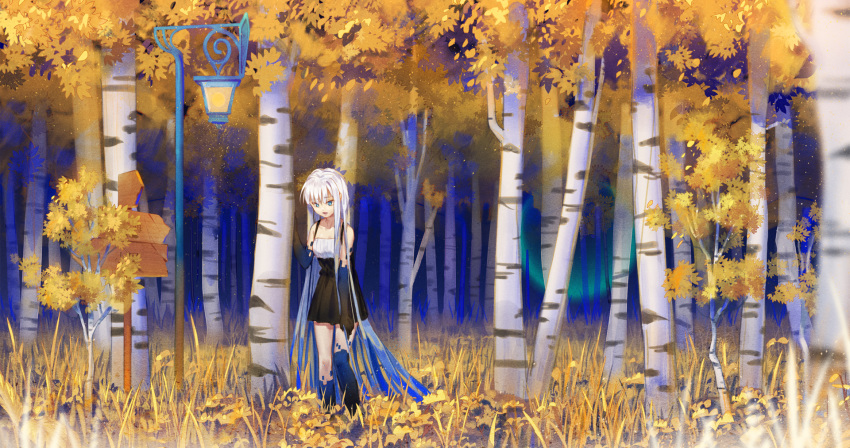 1girl bare_shoulders birch black_gloves black_legwear black_skirt blue_eyes blue_gloves blue_hair blue_legwear collarbone day directional_arrow elbow_gloves forest gloves gradient gradient_gloves gradient_hair gradient_legwear hand_up highres ji_dao_ji kneehighs lamppost long_hair multicolored_hair nature open_mouth original outdoors pleated_skirt sign single_kneehigh single_thighhigh skirt solo standing suspender_skirt suspenders thighhighs very_long_hair white_hair