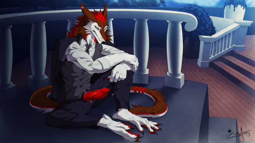 16:9 5_fingers absurd_res brown_body brown_fur clothed clothing detailed_background digital_media_(artwork) fingers fur hazakyaracely hi_res knot male sergal sitting solo toes white_body white_fur