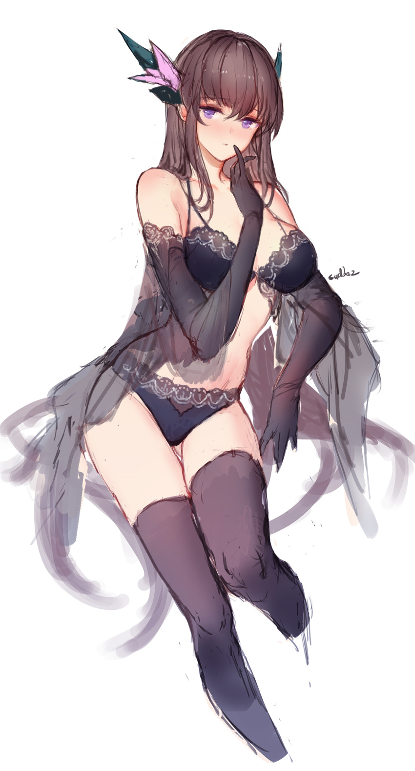 1girl bare_shoulders black_bra black_gloves black_legwear black_panties bra breasts brown_hair cropped_legs elbow_gloves gloves hair_ornament highres large_breasts lingerie long_hair looking_at_viewer panties purple_eyes simple_background solo swd3e2 thighhighs underwear venus_blood very_long_hair white_background