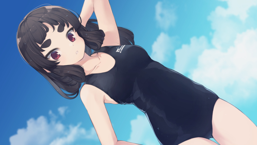 1girl arm_up ass_visible_through_thighs bare_arms bare_shoulders black_hair black_swimsuit blue_sky breasts cloud cloudy_sky collarbone day hand_behind_head kuranami_shiki looking_at_viewer medium_breasts natsuki_teru one-piece_swimsuit original outdoors parted_lips red_eyes short_eyebrows sky solo swimsuit thick_eyebrows