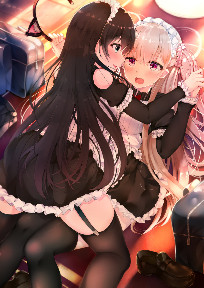 2girls absurdres animal_ears apron bare_shoulders black_dress black_hair black_hairband black_legwear blurry breasts cat_ears commentary_request depth_of_field detached_sleeves dress evening fake_animal_ears frills from_above garter_straps green_eyes hair_between_eyes hairband highres hiragi_ringo light_brown_hair looking_at_another maid maid_apron maid_headdress medium_breasts multiple_girls open_mouth original puffy_sleeves purple_eyes short_dress sitting sitting_on_person skirt tears thighhighs thighs two_side_up white_apron
