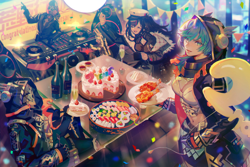 2girls 2others absurdres anniversary balloon black_gloves blurry blurry_background bottle breasts cake check_copyright chicken_(food) cleavage confetti dj food gloves highres holding holding_plate hood huge_filesize knives_out long_sleeves mask mebaru midriff multiple_girls multiple_others navel official_art phonograph plate sitting slice_of_cake speaker string_of_flags sushi turntable white_headwear wine_bottle