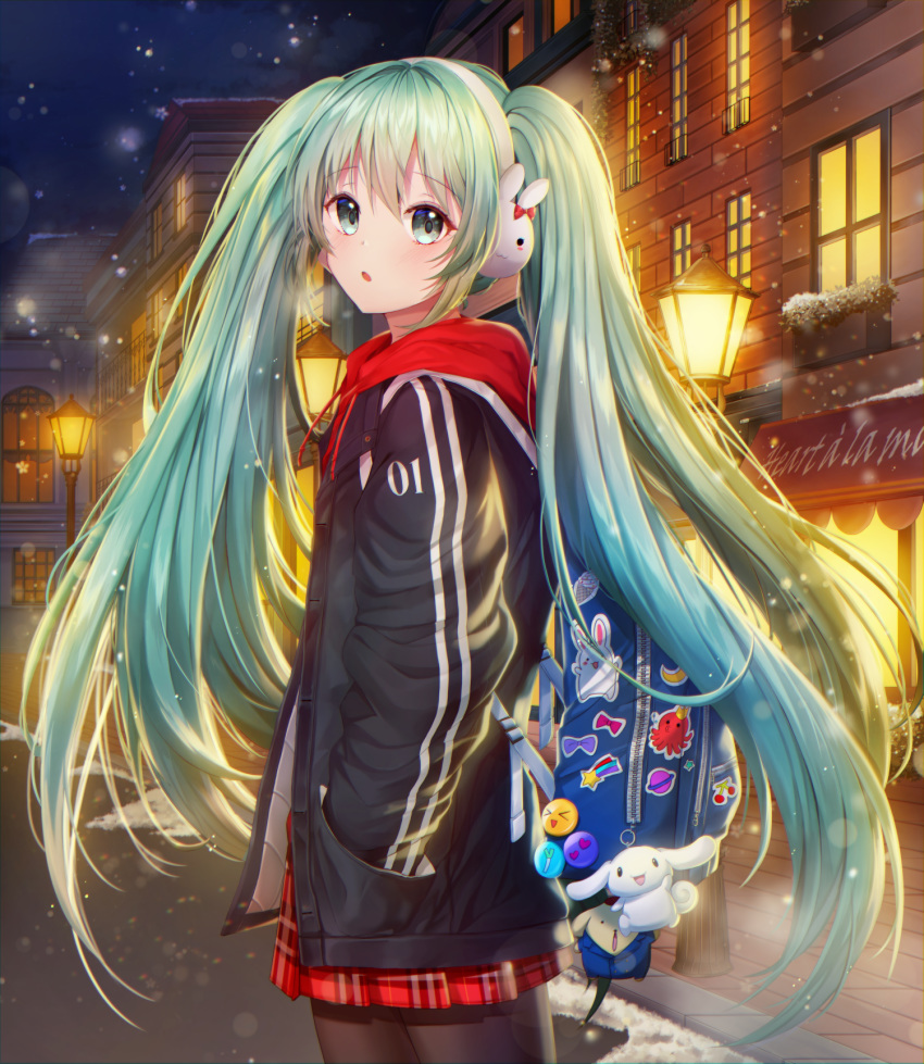 1girl animal_earmuffs backpack bag bag_charm bangs black_jacket black_legwear building charm_(object) commentary drawstring earmuffs eyebrows_visible_through_hair green_eyes green_hair hair_between_eyes hand_in_pocket hatsune_miku highres hood hood_down hoodie jacket lamppost long_hair looking_at_viewer looking_to_the_side miyo_(user_zdsp7735) night night_sky open_clothes open_jacket outdoors pantyhose parted_lips plaid plaid_skirt pleated_skirt red_hoodie red_skirt skirt sky snow snowing solo standing twintails very_long_hair vocaloid window