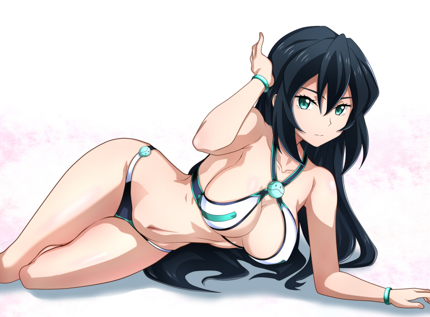 1girl arm_up bangs bare_shoulders bikini black_hair bracelet breasts cleavage closed_mouth collarbone green_eyes gundam gundam_build_divers_re:rise hair_between_eyes halter_top halterneck jewelry kenken large_breasts long_hair looking_at_viewer may_(gundam_build_divers_re:rise) navel simple_background skindentation solo swimsuit very_long_hair