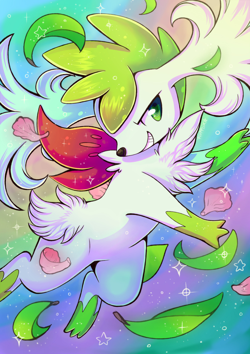 commentary creature english_commentary flufflixx flying full_body green_eyes grin highres leaf no_humans pokemon pokemon_(creature) rainbow_background shaymin shaymin_(sky) smile solo sparkle star