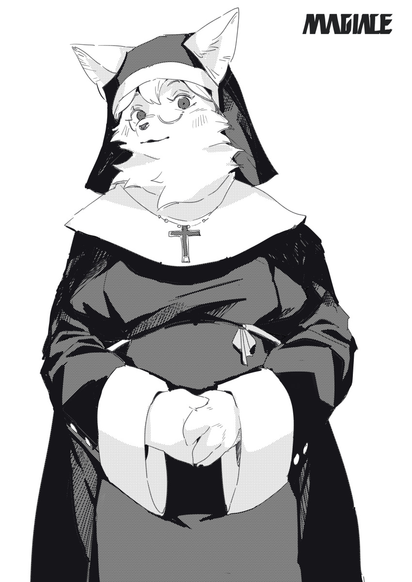 absurd_res anthro canid canine canis christian_symbol christianity clothed clothing cross dithering eyewear female fluffy fully_clothed fur furgonomics glasses greyscale habit hair hands_together hi_res kemono looking_at_viewer magiace mammal mature_female monochrome neck_tuft nun pince-nez religion rosary screentone solo standing tuft white_body white_fur white_hair wolf