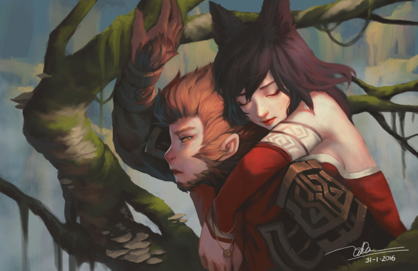 1boy 1girl ahri animal_ears bare_shoulders black_hair bracelet brown_hair dao_trong_le dated detached_sleeves highres hug hug_from_behind in_tree jewelry league_of_legends signature sitting sitting_in_tree tree tree_branch wukong yellow_eyes