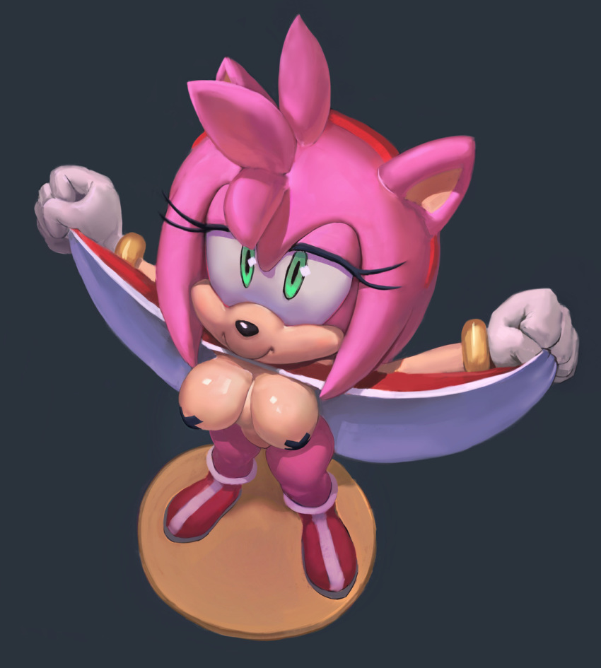 2020 accessory amy_rose anthro boots bracelet breasts clothed clothing eulipotyphlan eyelashes female flashing flo footwear gloves green_eyes hair hair_accessory hairband handwear hedgehog hi_res jewelry mammal nipple_tape pasties pink_hair simple_background smile solo sonic_the_hedgehog_(series) standing tape