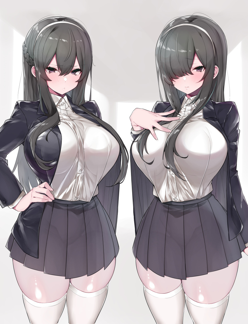 2girls absurdres bangs blush breasts dress_shirt grey_eyes grey_hair hair_between_eyes highres large_breasts long_hair long_sleeves looking_at_viewer mitsudoue multiple_girls original school_uniform shirt skirt thighhighs