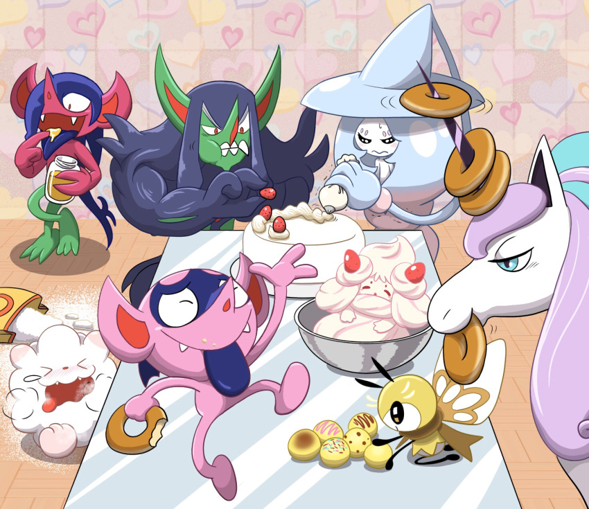 &lt;3 alcremie aoi_k3 baking black_hair blue_eyes blue_hair blush crumbs doughnut eating equid equine evolutionary_family fangs food food_creature frosting fruit frustrated furniture galarian_rapidash green_body green_skin grimmsnarl hair hatterene hi_res horn humanoid humanoid_pointy_ears imp impidimp jar level_difference long_hair mammal morgrem nintendo pink_background pink_body pink_hair pink_skin plant pok&eacute;mon pok&eacute;mon_(species) red_eyes regional_variant ribombee simple_background smile strawberry swirlix table tongue tongue_out troll unicorn video_games whipped_cream white_body white_skin