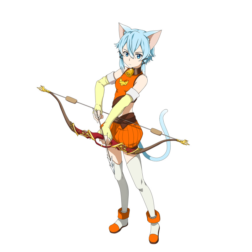 1girl animal_ears arrow bell blue_eyes blue_hair bow_(weapon) cat_ears cat_tail closed_mouth crop_top elbow_gloves fingerless_gloves full_body gloves hair_between_eyes highres holding holding_arrow holding_bow_(weapon) holding_weapon official_art orange_shorts short_hair_with_long_locks short_shorts shorts sidelocks sinon_(sao-alo) solo standing sword_art_online tail thighhighs weapon white_legwear yellow_gloves zettai_ryouiki