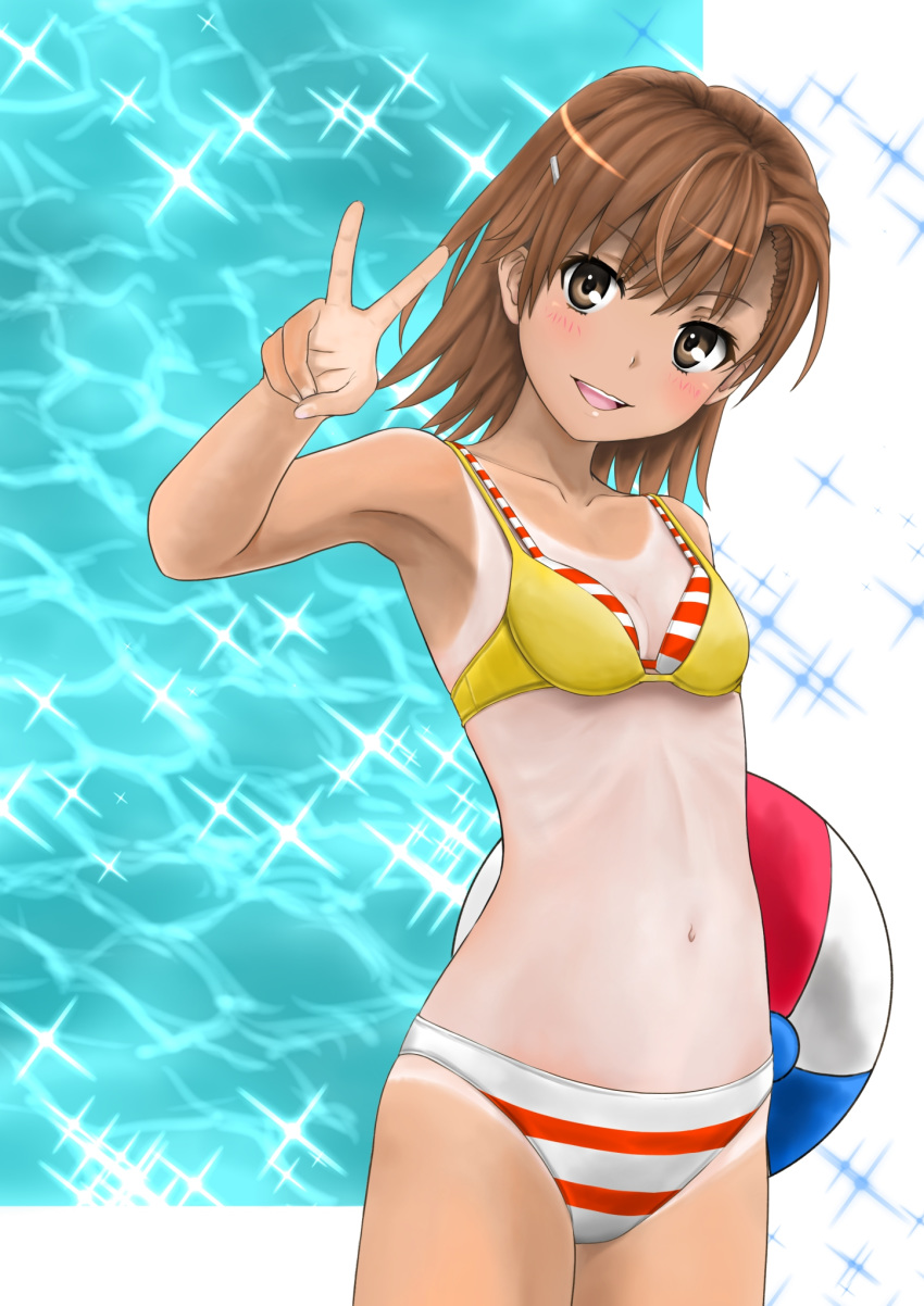 1girl alternate_costume arm_up armpits ball bangs beachball bikini blush bosutonii breasts brown_hair commentary_request cowboy_shot day double_bikini glint hair_ornament hairclip head_tilt highres holding_beachball looking_at_viewer misaka_mikoto navel ocean one-piece_tan open_mouth outdoors ribs short_hair small_breasts solo standing striped striped_bikini swimsuit tan tanline to_aru_kagaku_no_railgun to_aru_majutsu_no_index two-tone_background upper_teeth v yellow_bikini_top