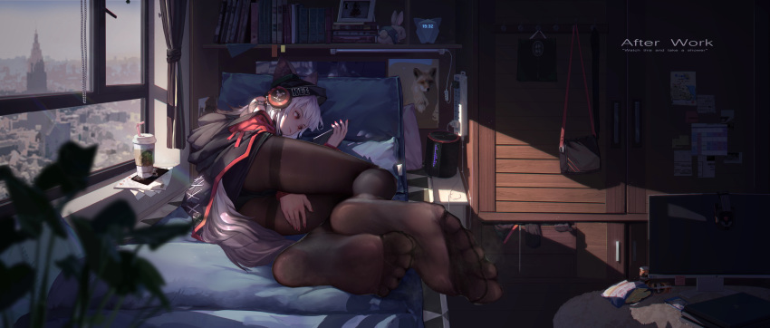 1girl absurdres animal_ear_fluff animal_ears arknights ass bag bangs bare_shoulders beanie bed bed_sheet bedroom black_coat black_headwear black_panties black_skirt blush book breasts brown_legwear casual cellphone closed_mouth coat commentary_request curtains evening feet fingernails frostleaf_(arknights) grey_shirt hat headphones highres holding holding_cellphone holding_phone ice_(dzs1392584271) indoors jacket leaf legs long_fingernails long_hair long_sleeves looking_away lying miniskirt monitor nail_polish no_shoes notebook off_shoulder on_bed on_side open_clothes open_coat open_jacket ore_lesion_(arknights) panties panties_under_pantyhose pantyhose pantyshot pantyshot_(lying) phone pillow plant potted_plant pov_feet red_eyes red_jacket red_nails red_sleeves shirt shoulder_bag sidelocks skirt smartphone soles solo strap_slip table tail tank_top thighband_pantyhose toes underwear upskirt white_hair