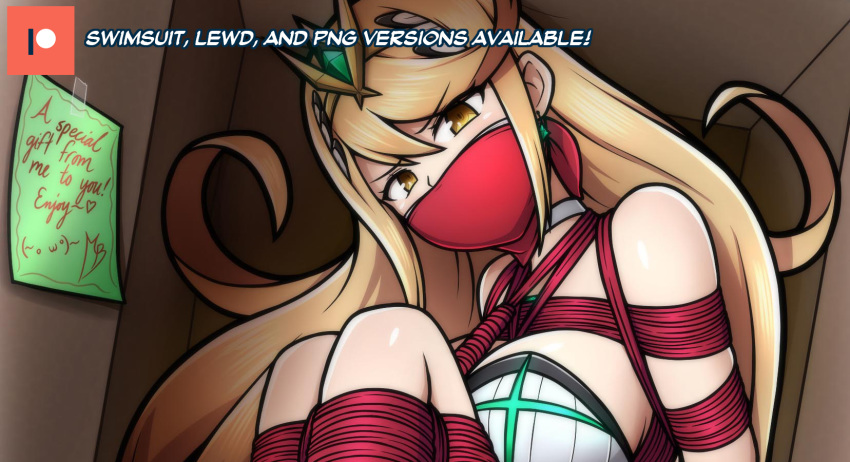 1girl bangs bdsm blonde_hair bondage bound breasts gem hair_ornament headpiece highres hikari_(xenoblade_2) indoors jewelry large_breasts long_hair magnolia-baillon nervous solo swept_bangs swimsuit tiara very_long_hair xenoblade_(series) xenoblade_2 yellow_eyes