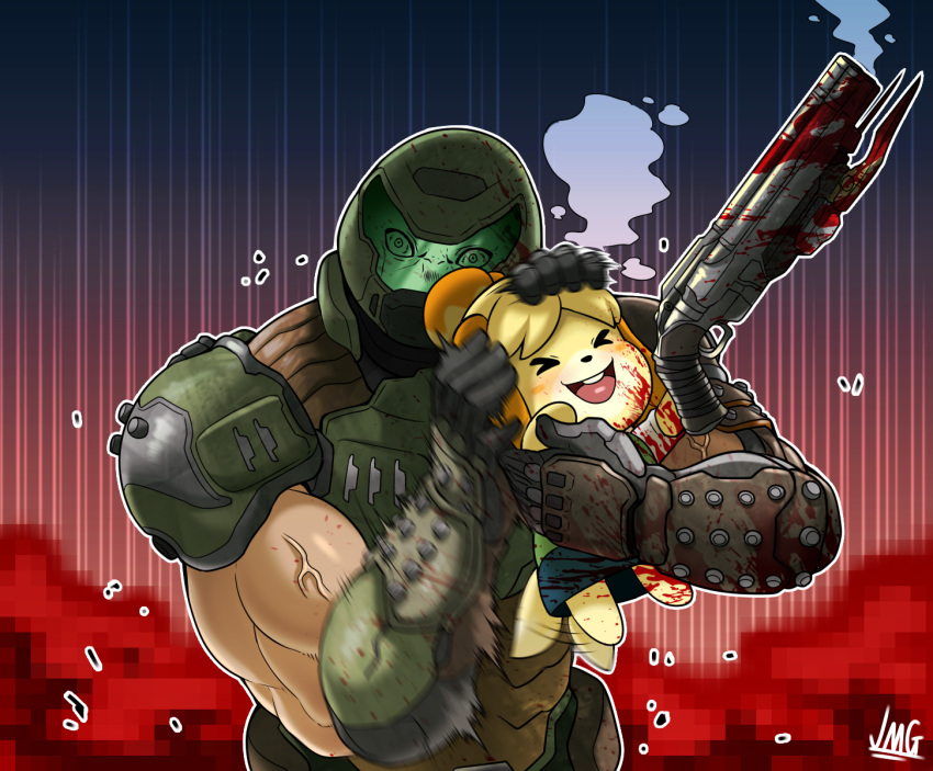 &gt;_&lt; afterimage armor biceps blood blood_on_face censored crossover dog_girl doom_(game) doomguy doubutsu_no_mori gun helmet highres jmg looking_at_viewer mosaic_censoring motion_blur open_mouth petting shizue_(doubutsu_no_mori) shotgun skirt smile tail_wagging veins weapon