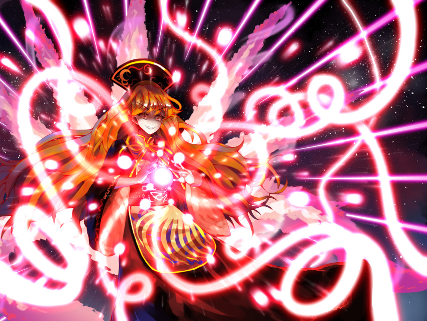 1girl attack crazy_eyes crazy_grin crazy_smile danmaku ears evil_grin evil_smile eyebrows eyebrows_visible_through_hair floating floating_hair glowing grin headwear highres japanese_clothes junko_(touhou) long_hair night open_eyes open_mouth orange_hair outdoors shaded_face sky smile spell_card standing star star_(sky) starry_sky sunyup teeth touhou traditional_clothes wavy_hair wide-eyed wide_sleeves wind