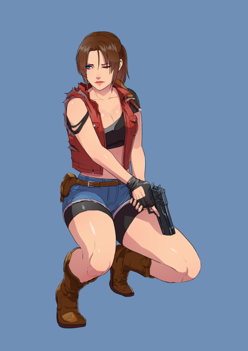 1girl absurdres belt bike_shorts blue_eyes breasts brown_hair cirenk claire_redfield cleavage closed_mouth commentary denim fingerless_gloves gloves gun handgun highres jacket ponytail resident_evil resident_evil_2 short_hair shorts simple_background solo traditional_media watercolor_(medium) weapon