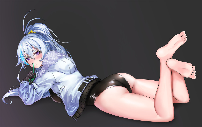 ass barefoot ephnel fang gloves gradient gray gray_hair hoodie kibellin leotard long_hair ponytail purple_eyes soul_worker