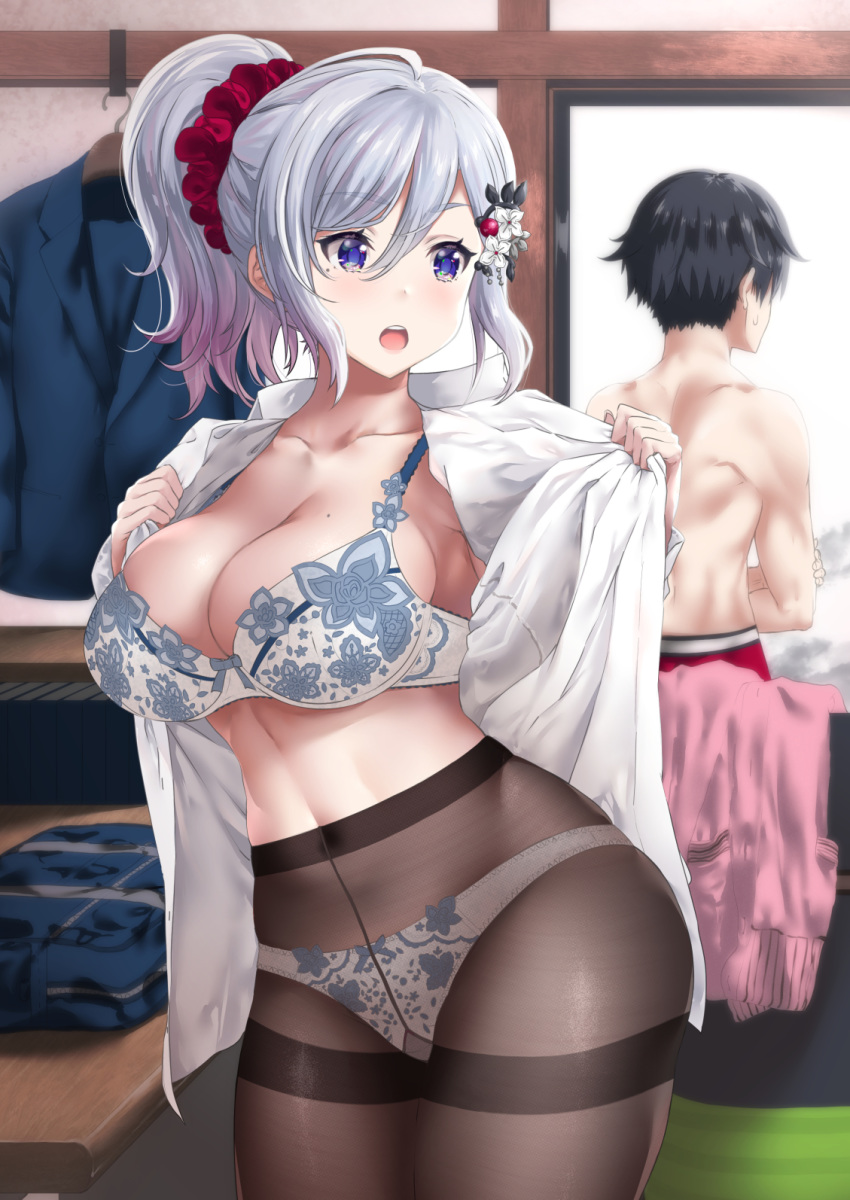 1boy 1girl bangs black_legwear blue_eyes blush bra breasts cleavage cowboy_shot d_kurouri eyebrows_visible_through_hair gradient_hair gusset hair_between_eyes hair_ornament hair_scrunchie highres indoors large_breasts long_hair looking_at_viewer mole mole_on_breast mole_under_eye multicolored_hair original panties panties_under_pantyhose pantyhose ponytail purple_hair scrunchie sidelocks silver_hair skindentation solo_focus standing stomach thighband_pantyhose underwear undressing