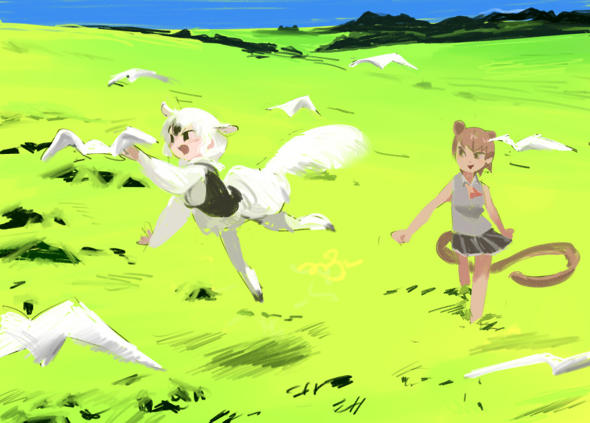 2girls :d animal animal_ears arm_up arms_at_sides ascot bare_arms bare_shoulders bird black_skirt blue_sky brown_hair clenched_hands d: dark_skin day field fossa_(kemono_friends) fossa_ears fossa_tail grass grey_shirt highres jumping kemono_friends light_brown_hair long_sleeves long_tail looking_at_another looking_to_the_side mountain multicolored_hair multiple_girls open_mouth outdoors outstretched_arm pero_(sabuaka_bacon) pleated_skirt puffy_sleeves shirt short_hair skirt sky sleeveless sleeveless_shirt smile southern_tamandua_(kemono_friends) tail tamandua_ears tamandua_tail tsurime two-tone_hair walking white_bird white_hair white_legwear wing_collar