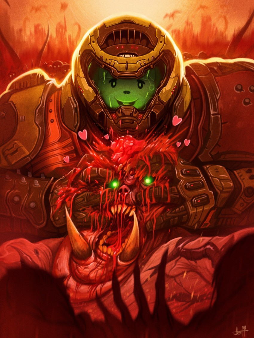 1girl absurdres armor army blood brain cosplay crossover crushing demon doom_(game) doomguy doomguy_(cosplay) doubutsu_no_mori fangs glowing glowing_eyes heart helmet highres jeff_delgado looking_at_viewer monster round_teeth shizue_(doubutsu_no_mori) smile teeth visor