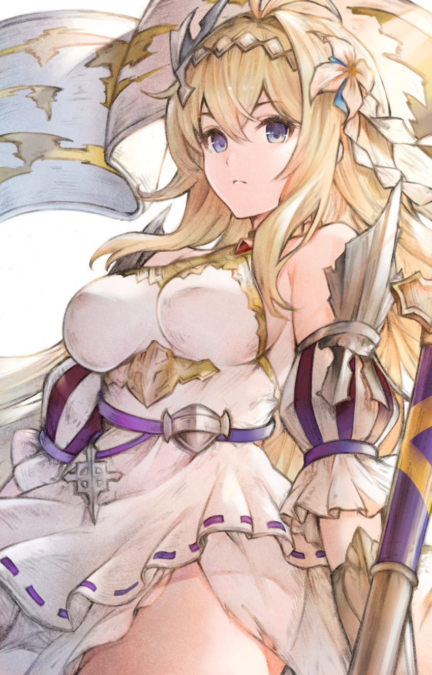1girl absurdres bangs banner blonde_hair blue_eyes blush breasts closed_mouth diadem dress flower granblue_fantasy hair_flower hair_ornament highres jeanne_d'arc_(granblue_fantasy) koretsuki_azuma large_breasts lily_(flower) long_hair looking_at_viewer simple_background white_background white_dress white_flower