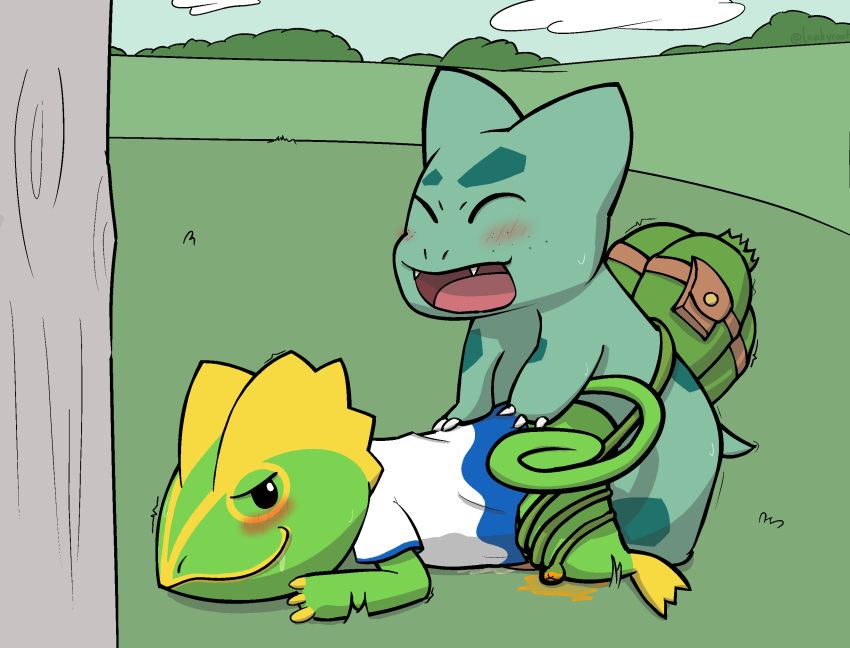 anal bodily_fluids bulbasaur clothing cum feral genital_fluids hi_res kecleon leakyroot nintendo outside pok&eacute;mon pok&eacute;mon_(species) pouch_(disambiguation) sap shirt tapering_cock topwear video_games vines