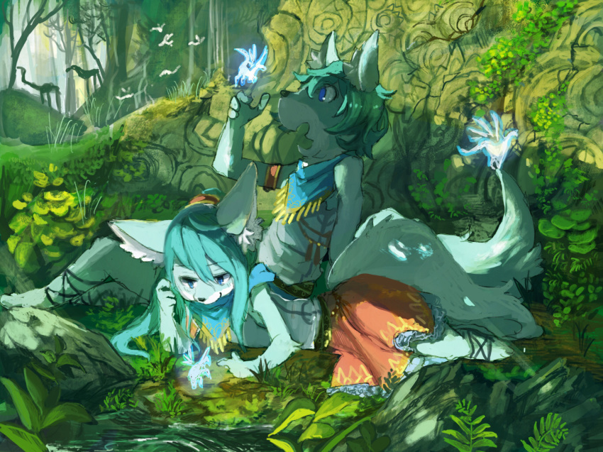 2017 4_fingers anthro bakawasima blue_eyes blush bottomwear canid canine clothed clothing digital_media_(artwork) digital_painting_(artwork) female fingers fluffy fluffy_tail forest fox fur green_hair hair hi_res kemono long_hair lying male mammal open_mouth open_smile sitting skirt smile snout tree