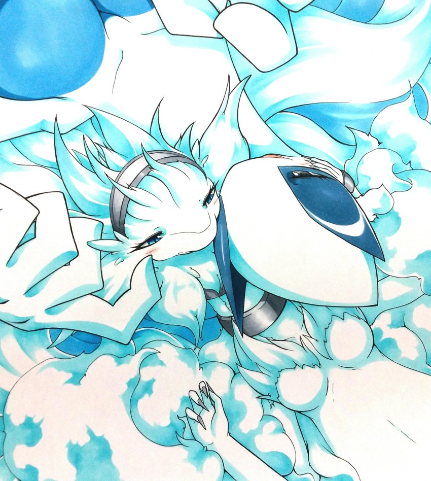 025aki absurd_res accessory anthro avian big_breasts black_eyes blue_body blue_eyes blue_skin breasts caressing claws collar duo featureless_breasts female female/female fur grey_claws hair headband hi_res legendary_pok&eacute;mon long_fur lugia nintendo pok&eacute;mon pok&eacute;mon_(species) reshiram smile smooth_skin video_games white_body white_fur white_hair white_skin