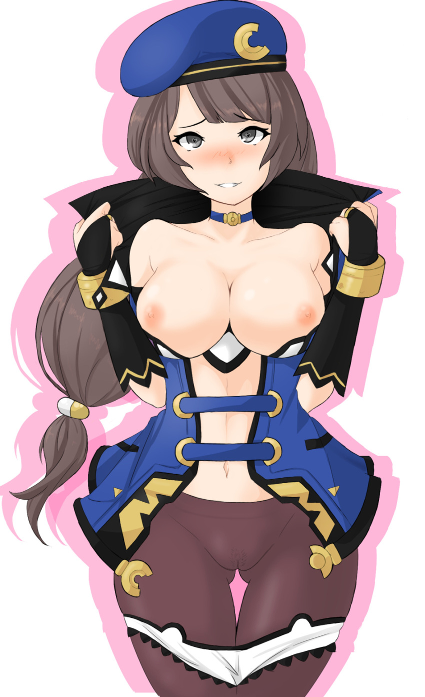 1girl archived_source areolae ass_visible_through_thighs bare_shoulders beret blush breasts brown_hair c-sha cameltoe choker choujigen_game_neptune coat collar collarbone curvy eyebrows_visible_through_hair facing_viewer fingerless_gloves flashing gloves grey_eyes hat highres long_hair looking_at_viewer low_tied_hair medium_breasts navel neptune_(series) nipples open_clothes open_mouth open_shirt panties panty_pull pantyhose parted_lips ponytail pussy smile solo thighs tridisart underwear very_long_hair white_background