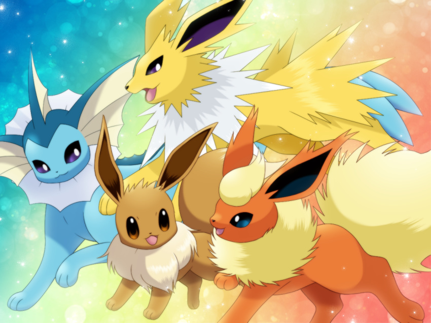 :d blue_eyes brown_eyes commentary_request creature eevee english_commentary eye_contact flareon gen_1_pokemon happy jolteon looking_at_another maiko_(mimi) no_humans open_mouth pokemon pokemon_(creature) purple_eyes rainbow_background smile spikes vaporeon walking