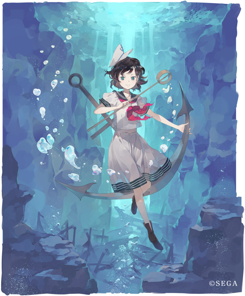 1girl anchor anchor_symbol black_hair boots brown_footwear bubble fish full_body green_eyes grin highres holding ladle looking_at_viewer murasa_minamitsu neckerchief red_neckwear sailor_collar sailor_shirt shihou_(g-o-s) shirt short_hair skirt smile solo touhou watermark white_headwear white_shirt white_skirt