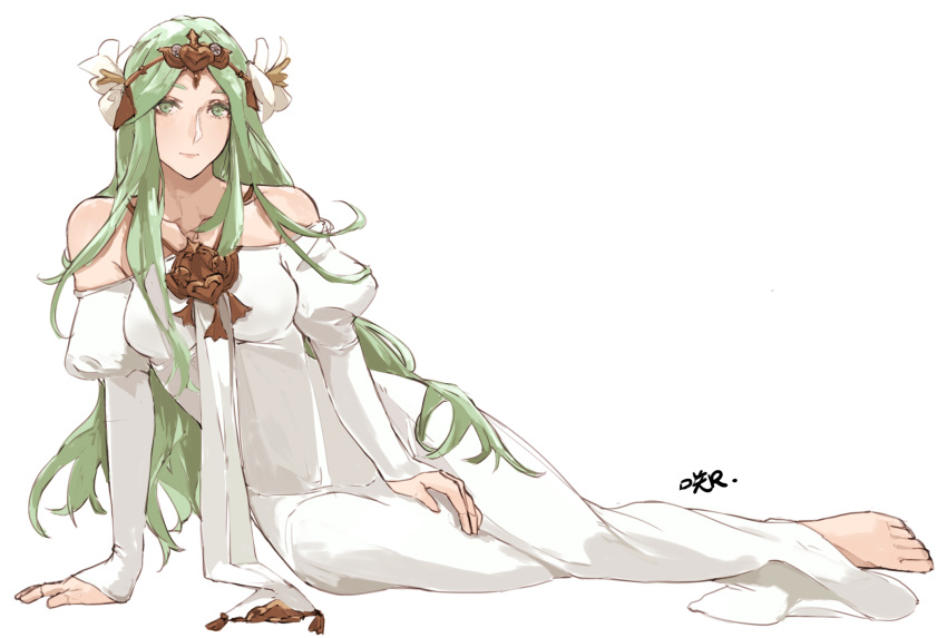 1girl barefoot closed_mouth dress fire_emblem fire_emblem:_three_houses flower green_eyes green_hair hair_flower hair_ornament highres long_hair long_sleeves rhea_(fire_emblem) sakuuremi simple_background solo tiara white_background white_dress