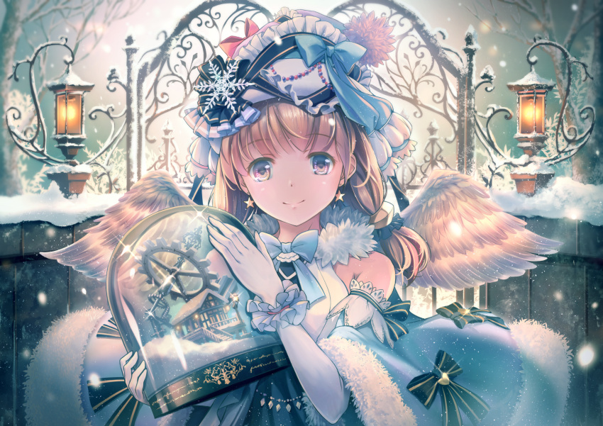 1girl angel angel_wings bangs bare_shoulders bare_tree blonde_hair bow detached_sleeves earrings elbow_gloves feathered_wings frilled_hairband frills fur_trim gears glint gloves hair_ornament hairband hat hat_bow hat_ribbon highres holding jewelry lamp lamppost lantern lavender_eyes long_hair looking_at_viewer low_twintails original purple_eyes ribbon smile snow snow_globe snowflake_hair_ornament solo soraizumi star star_earrings tree twintails upper_body white_gloves wings winter