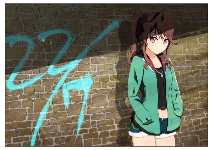 1girl 22/7 aqua_jacket black_shirt brick_wall brown_hair copyright_name furoggu-gaburi graffiti hands_in_pockets jacket jewelry long_hair looking_at_viewer midriff navel necklace outdoors pink_eyes scrunchie shirt short_shorts shorts side_ponytail sidelocks solo standing toda_jun