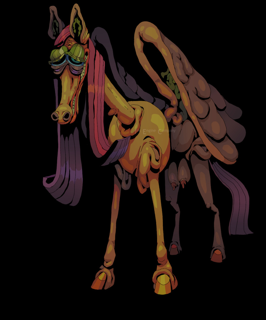 2020 digital_media_(artwork) equid equine female feral fluttershy_(mlp) friendship_is_magic fur hair hi_res horse inkenginecompany_(artist) mammal my_little_pony nightmare_fuel pink_hair pterippus simple_background smile solo teets watermark wings yellow_body yellow_fur