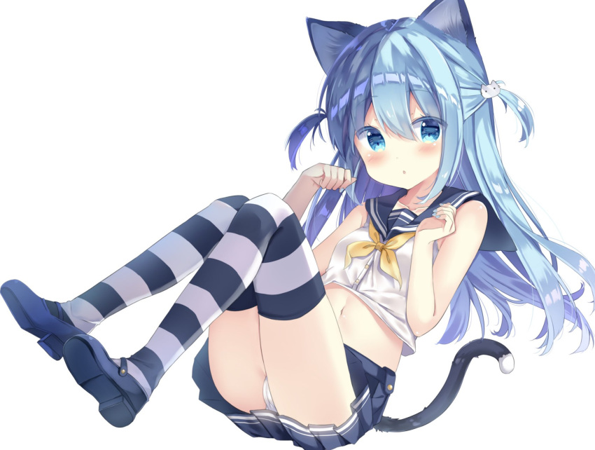 1girl animal_ears ass bare_arms bare_shoulders black_sailor_collar black_skirt blue_eyes blue_footwear blue_hair blue_nails breasts cameltoe cat_day cat_ears cat_girl cat_tail collarbone commentary_request crop_top crop_top_overhang full_body hair_between_eyes hair_ornament hands_up highres knees_up long_hair looking_at_viewer mary_janes midriff miniskirt nail_polish navel neckerchief original panties parted_lips pleated_skirt saeki_sora sailor_collar school_uniform serafuku shiny shiny_hair shirt shoes simple_background skirt sleeveless sleeveless_shirt small_breasts solo stomach striped striped_legwear tail thighhighs two_side_up underwear white_background white_panties white_shirt