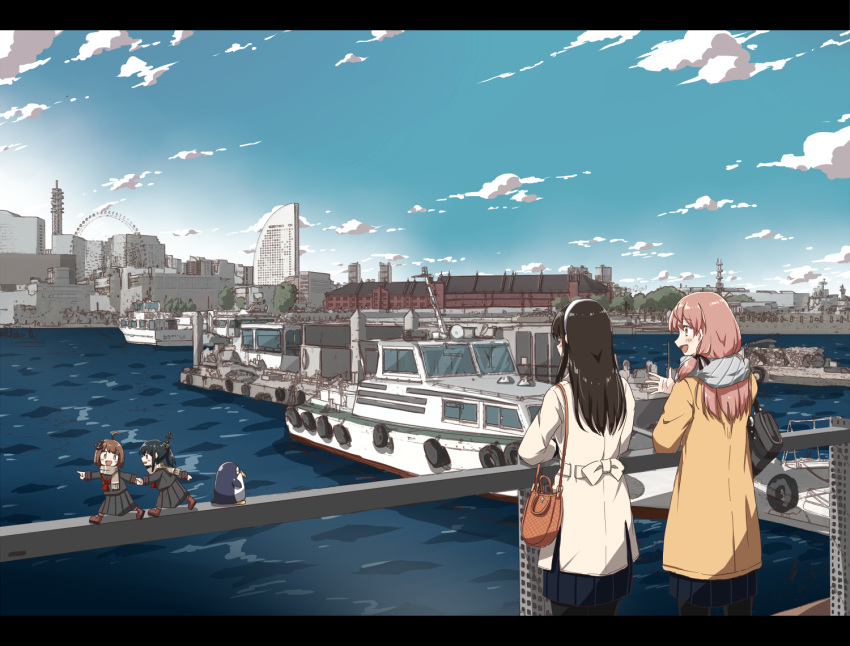 4girls akashi_(kantai_collection) any_(lucky_denver_mint) bag black_border black_hair black_legwear blush border brown_hair cityscape cloud commentary_request cosmo_clock_21 day eyebrows_visible_through_hair failure_penguin fairy_(kantai_collection) ferris_wheel glasses hair_ribbon hairband handbag jacket kantai_collection long_hair long_sleeves minigirl multiple_girls ooyodo_(kantai_collection) open_mouth outdoors pink_hair pleated_skirt real_world_location ribbon scarf sidelocks skirt sky tress_ribbon watercraft yokohama yokohama_landmark_tower