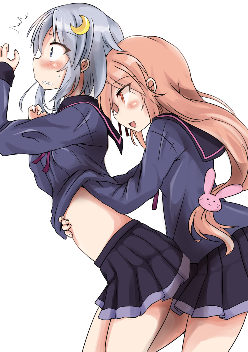 2girls black_skirt blue_eyes blue_serafuku blush bunny_hair_ornament commentary_request cowboy_shot crescent crescent_hair_ornament eyebrows_visible_through_hair hair_ornament highres kantai_collection long_hair long_sleeves multiple_girls open_mouth pink_hair pleated_skirt purple_hair red_eyes school_uniform serafuku simple_background skirt smile uzuki_(kantai_collection) white_background yayoi_(kantai_collection) yuu_(alsiel)