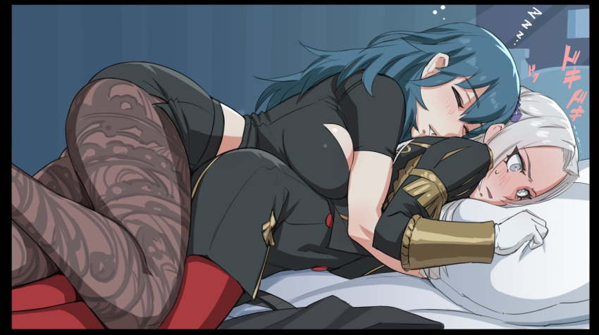 2girls bangs bed bed_sheet black_shorts blue_hair blush breasts byleth_(fire_emblem) byleth_(fire_emblem)_(female) cleavage_cutout closed_eyes commentary_request drooling edelgard_von_hresvelg fire_emblem fire_emblem:_three_houses garreg_mach_monastery_uniform girl_on_top gloves grey_eyes hair_between_eyes holding_another indoors large_breasts long_hair lying_on_person midriff mikoyan military military_uniform multiple_girls pantyhose parted_bangs pillow red_legwear short_shorts shorts silver_hair sleeping sleeping_on_person sweatdrop uniform white_gloves yuri