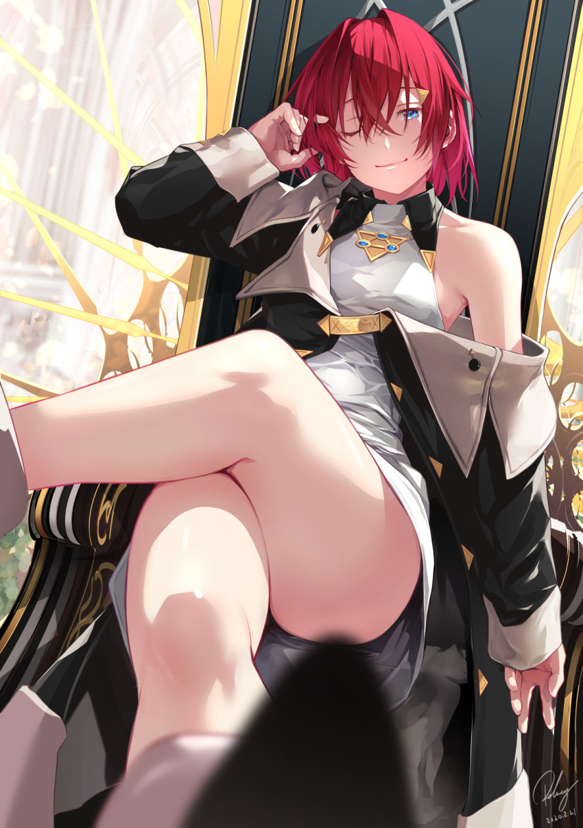 1girl ;) ange_katrina bangs blue_eyes boots breasts chair closed_mouth crossed_legs hair_between_eyes hair_intakes hair_ornament hairclip hand_up highres jacket long_sleeves looking_at_viewer nijisanji one_eye_closed re_lucy red_hair shirt short_hair sidelocks sitting smile solo virtual_youtuber white_shirt