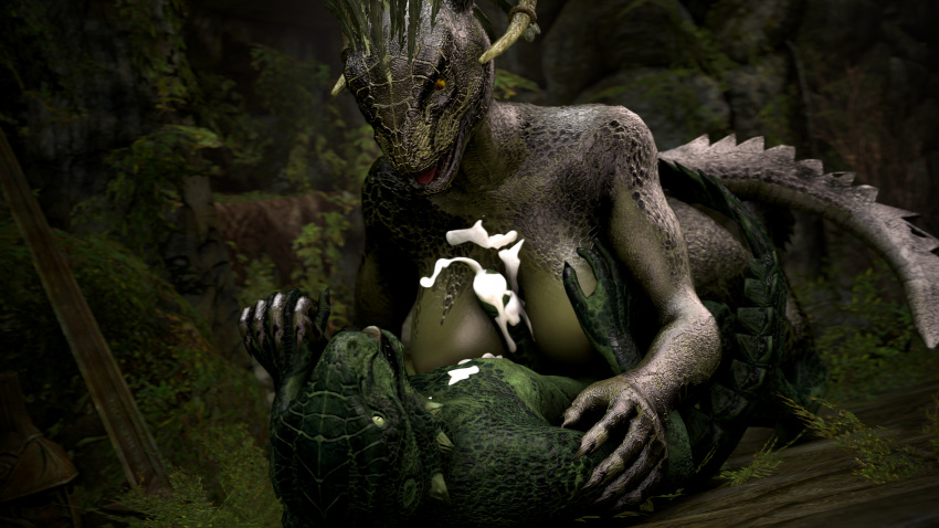 16:9 3d_(artwork) 4k absurd_res anthro anthrofied argonian balls bethesda_softworks big_breasts bodily_fluids breasts cave cum cum_between_breasts cum_on_chest cum_on_penis digital_media_(artwork) dwarven_sword female female_on_top fox_whisper85 genital_fluids genitals green_eyes hi_res horn larger_female lizard male male/female moss on_top penis plant reptile scalie sex size_difference skyrim smaller_male source_filmmaker the_elder_scrolls titfuck video_games yellow_eyes